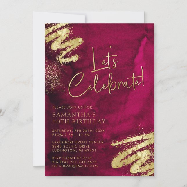 Maroon Red and Gold Birthday Invitation (Front)