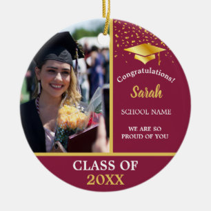 Maroon Red and Gold Graduation Photo Class Of 2021 Ceramic Tree Decoration