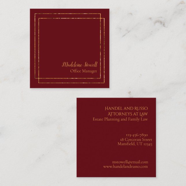 Maroon Red And Gold Modern Minimalistic  Square Business Card (Front/Back)