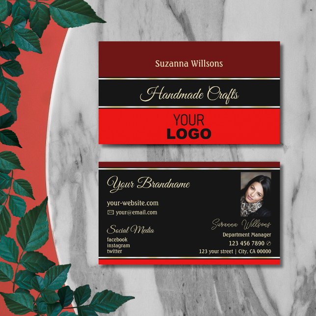 Maroon Red Borders on Black with Logo and Photo Business Card (Creator Uploaded)