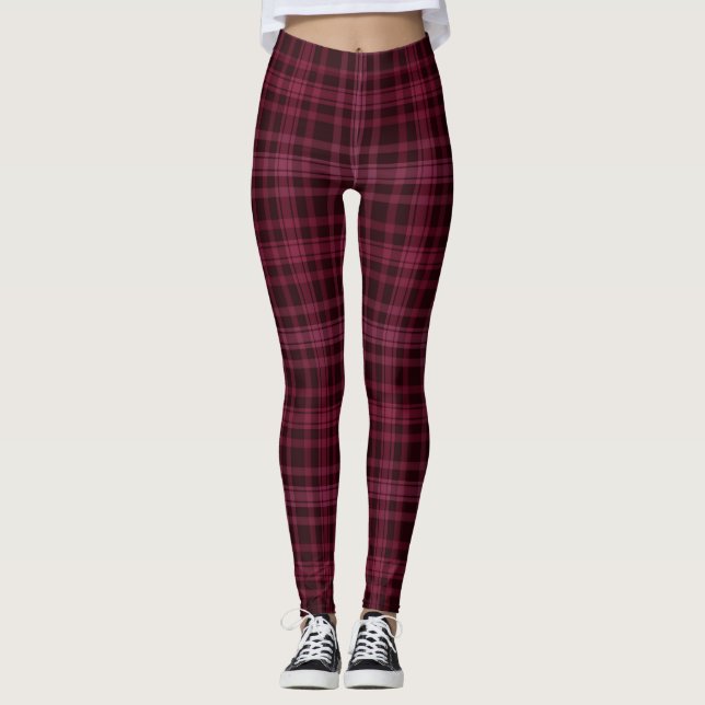 Maroon Red Chequered Plaid Women's Leggings (Front)