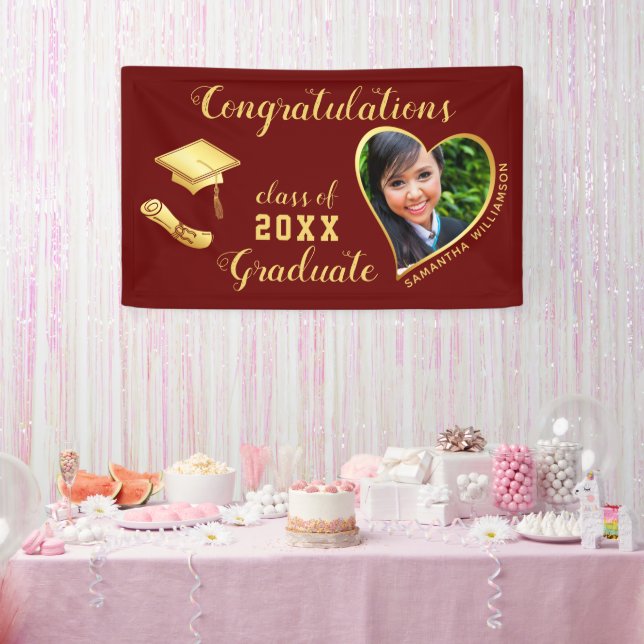 Maroon Red Class of 2025 Graduation Photo Banner (Party)