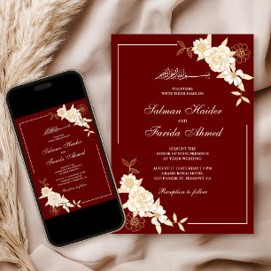 Maroon Red Cream Floral Branch Muslim Wedding Invitation
