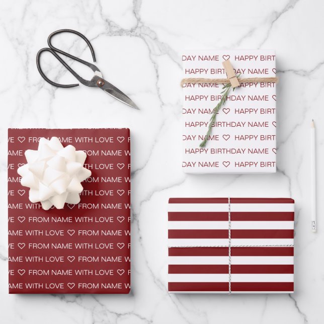 Maroon Red Custom Happy Birthday With Love  Wrapping Paper Sheet (Front)