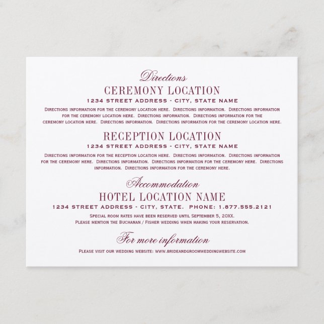 Maroon Red Elegant Wedding Information Enclosure Card (Front)