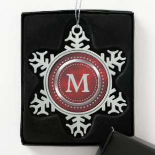 Maroon Red Faux Chrome Monogram Christmas Snowflake Pewter Christmas Ornament