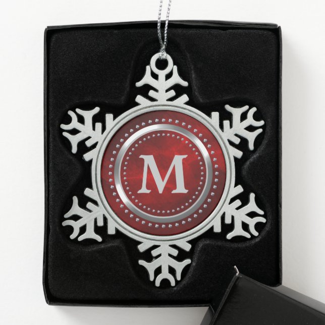 Maroon Red Faux Chrome Monogram Christmas Snowflake Pewter Christmas Ornament (Box)