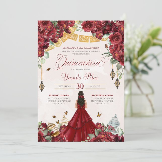 Maroon Red Floral Butterfly Elegant Quinceanera v2 Invitation (Standing Front)