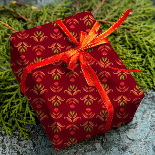 Maroon Red Folk Art Floral Cosy & Rustic Christmas Wrapping Paper