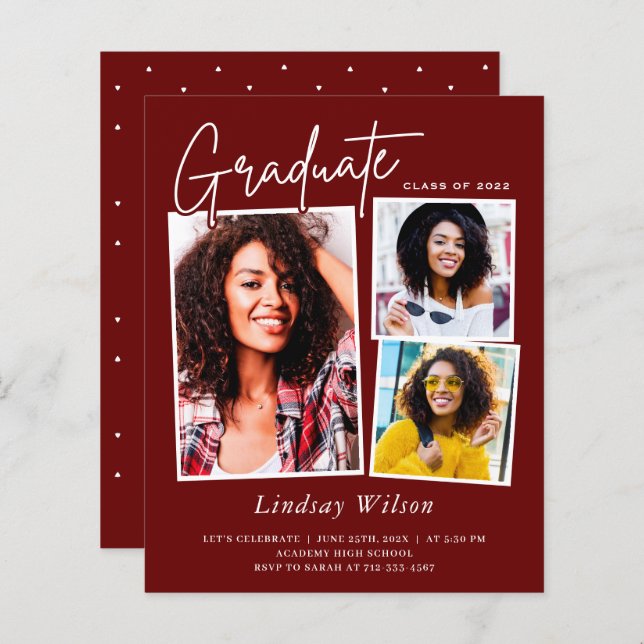 Maroon Red Girl 3 Photo Graduation Invitations (Front/Back)