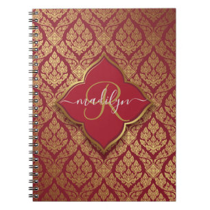 Maroon Red Gold Fleur Damask Pattern Monogram Notebook