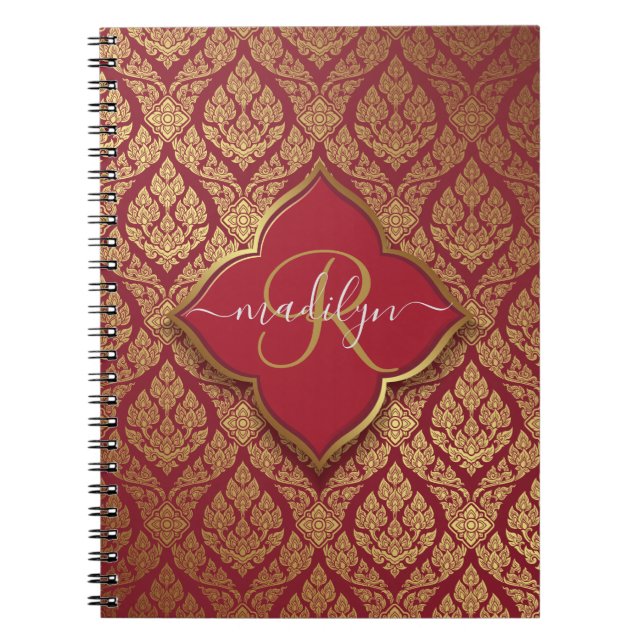 Maroon Red Gold Fleur Damask Pattern Monogram Notebook (Front)