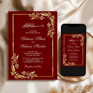 Maroon Red Gold Floral Border Islamic Wedding Invitation