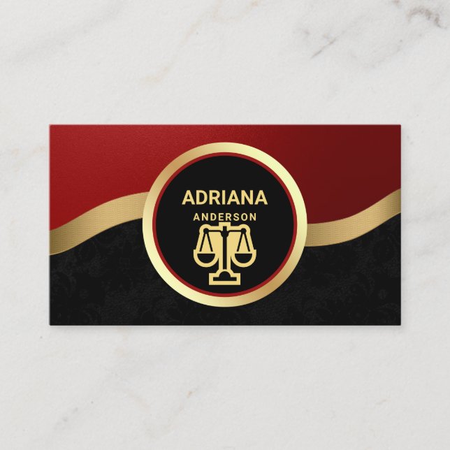 Maroon Red Gold Lawyer Justice Scale Attorney Business Card (Front)
