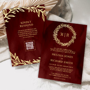 Maroon Red Gold Leaf Branch QR Code Wedding Invitation