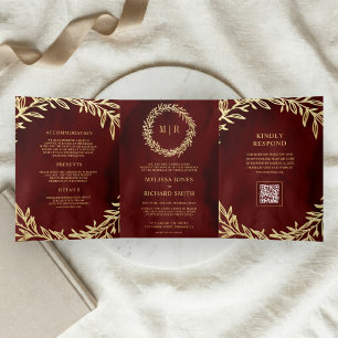Maroon Red Gold Leaf Branch QR Code Wedding Tri-Fold Invitation