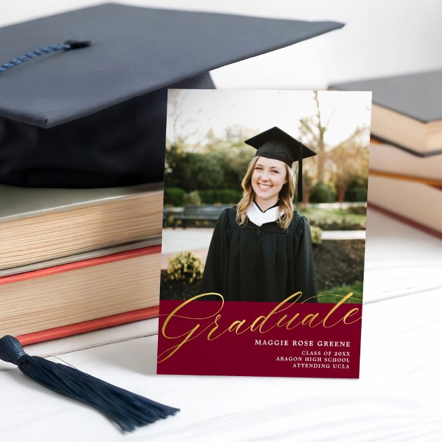 Maroon Red Gold Modern Script | Graduation Photo Announcement (Creator Uploaded)