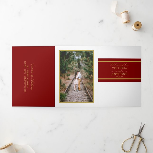 Maroon Red & Gold Modern Wedding Suite Tri-Fold Invitation (Outside)