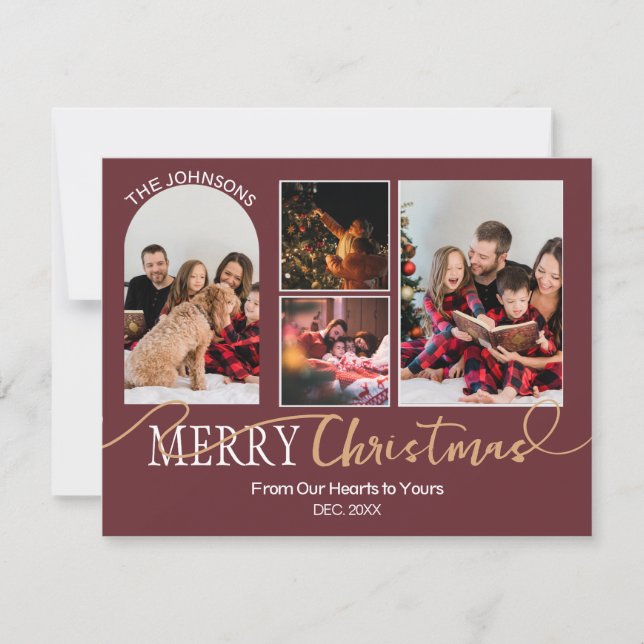 Maroon Red Gold Script Christmas Modern Collage Holiday Card (Front)