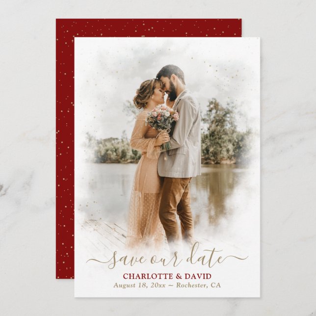 Maroon Red Gold Wedding Photo Save Our Date Card (Front/Back)