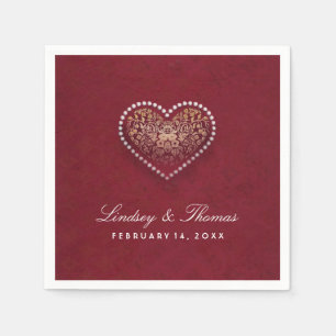 Maroon Red Gold & White Floral Heart Wedding Napkin