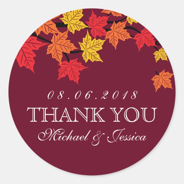 Maroon Red Maple Leaf Fall Autumn Wedding Sticker (Front)