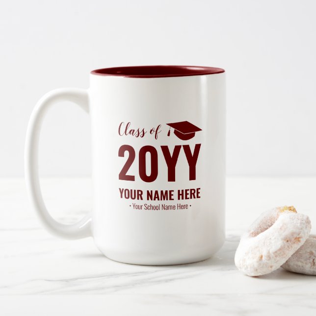 Maroon Red | Modern Graduation Gift Custom Mug (With Donut)