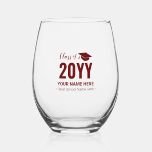 Maroon Red   Modern Graduation Gift Custom Text Stemless Wine Glass