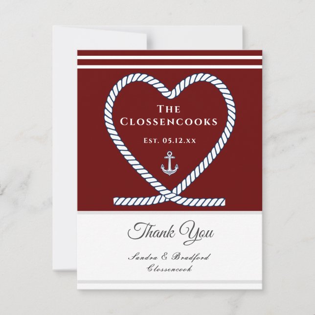 Maroon Red Nautical rope Heart Anchor Wedding  Thank You Card (Front)