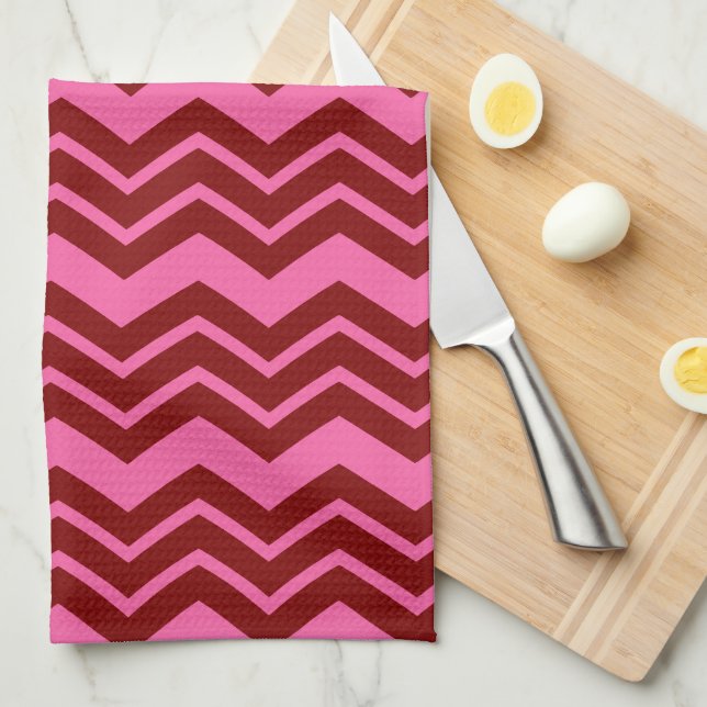 Maroon Red Pink Chevron Zigzag Design  Tea Towel (Quarter Fold)