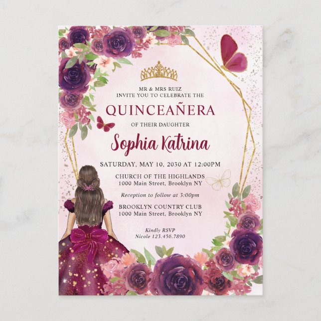 Maroon Red Plum Gold Floral Princess Quinceañera Invitation Postcard (Front)