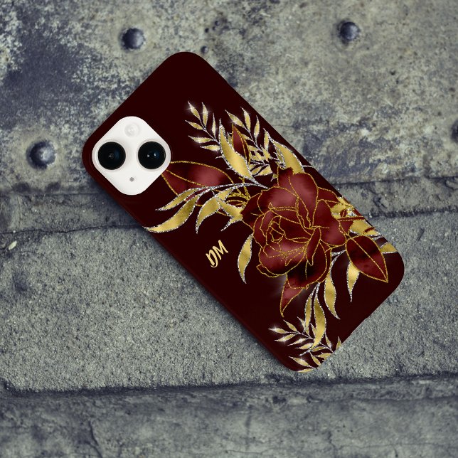 Maroon Red Rose Gold Leaves Monogram Case-Mate iPhone Case (Creator Uploaded)