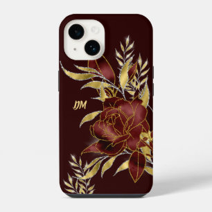 Maroon Red Rose Gold Leaves Monogram iPhone 14 Case