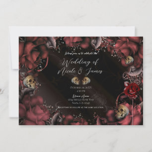 Maroon Red Rust Roses & Skulls Gothic Wedding   Invitation