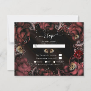 Maroon Red Rust Roses & Skulls Wedding RSVP Invitation