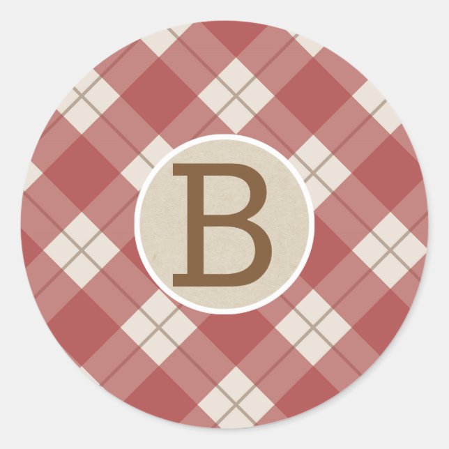 Maroon Red Rustic Country Plaid Kraft Monogram Classic Round Sticker (Front)