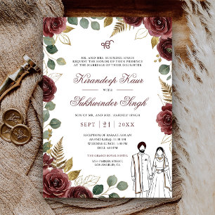 Maroon Red Watercolor Roses Floral Sikh Wedding Invitation