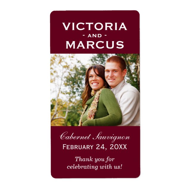 Maroon Red Wedding Monogram Photo Wine Bottle (Front)