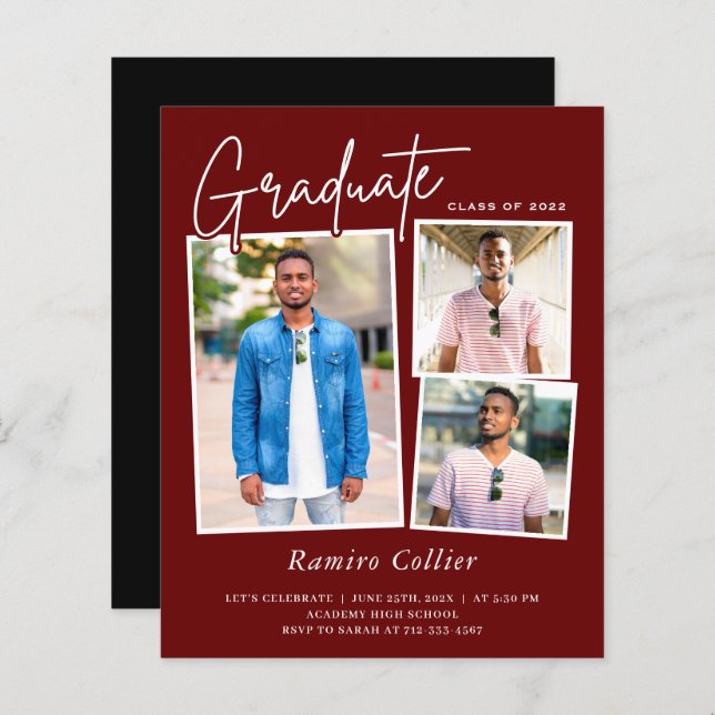 Maroon Red White 3 Photo Graduation Invitation (Front/Back)