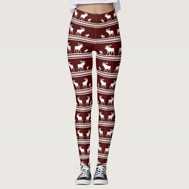 Maroon red white moose pattern leggings (Front)