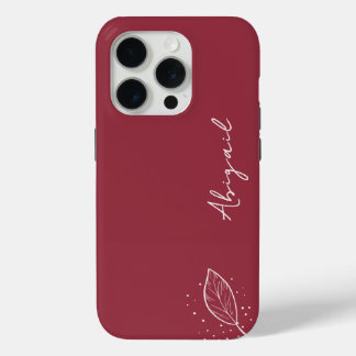 Maroon Red, White Name, Minimalist Leaf and Dots iPhone 15 Pro Case
