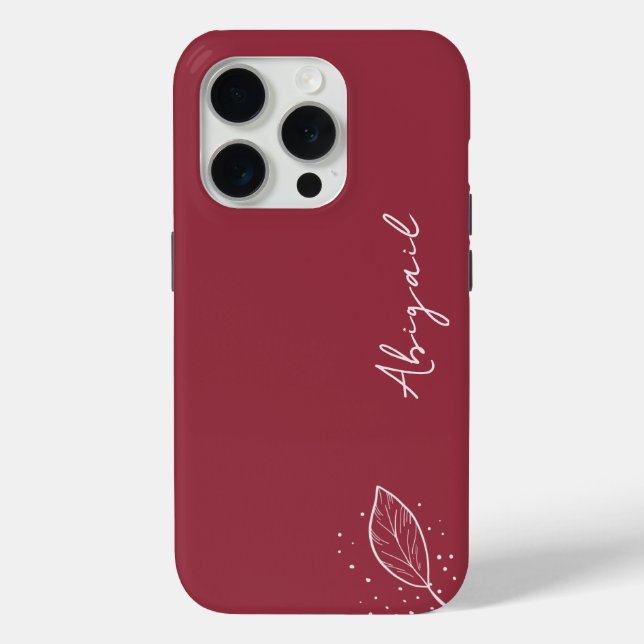 Maroon Red, White Name, Minimalist Leaf and Dots Case-Mate iPhone Case (Back)