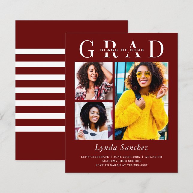 Maroon Red White Three Photo Graduation Invitation (Front/Back)