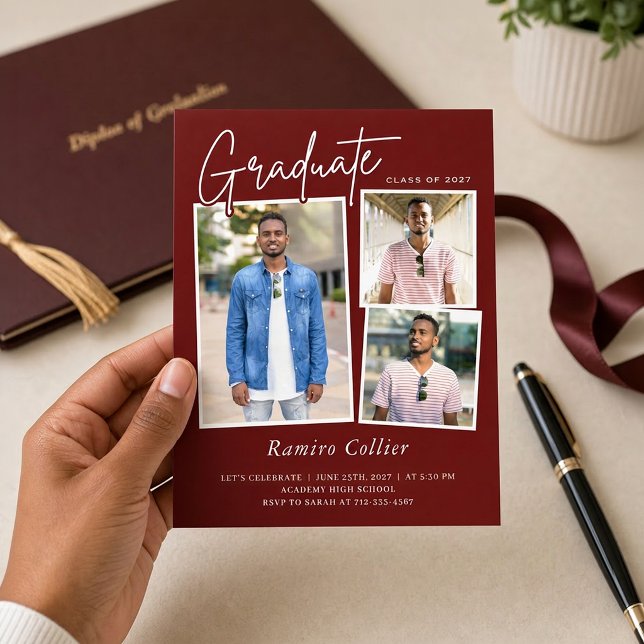 Maroon Red White Three Photo Graduation Invitation (Creator Uploaded)