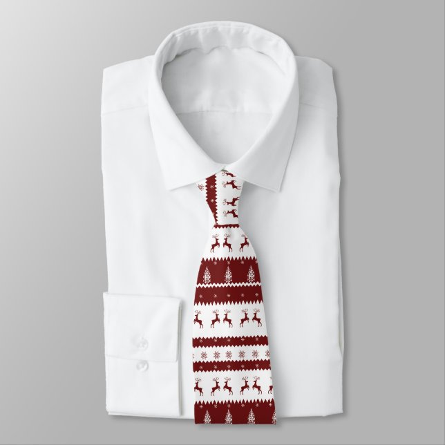 Maroon Reindeer Stripe Christmas Pattern Tie (Tied)