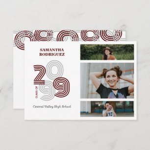 Maroon Retro Big Numbers 3-Photo Graduation Invitation