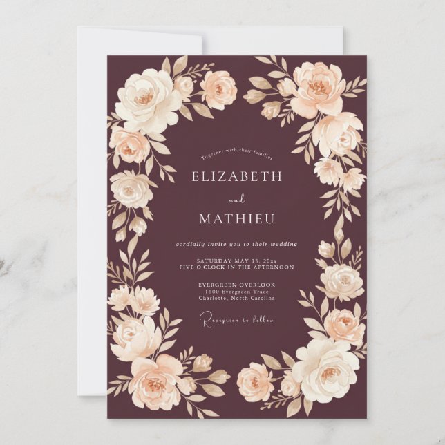 Maroon Romantic Floral Wedding Invitation (Front)