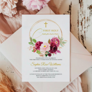 Maroon Rose Floral First Holy Communion  Invitation