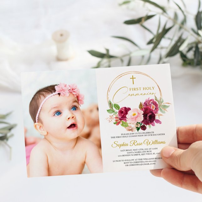 Maroon Rose Floral Photo Girl First Holy Communion Invitation (Creator Uploaded)