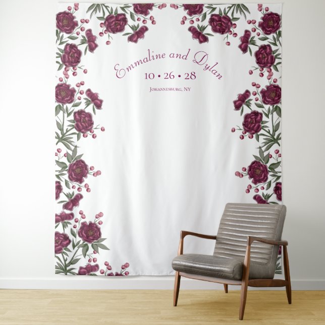 Maroon Rose Wedding Photo Backdrop Tapestry (In Situ)